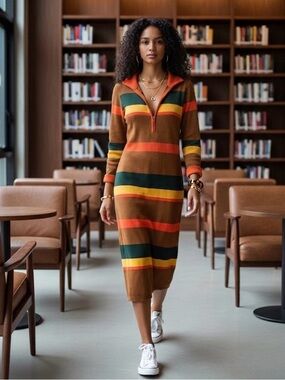 Primi Striped Knit Midi Dress Brown Orange Zip Front Bodycon Retro 70s Style